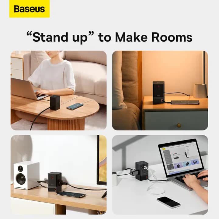Baseus GaN Charger Gan5 Pro Power Combo Digital Power Strip 3AC 1U 1C Retractable-C 65W with 1.5m power cord CN Black. 