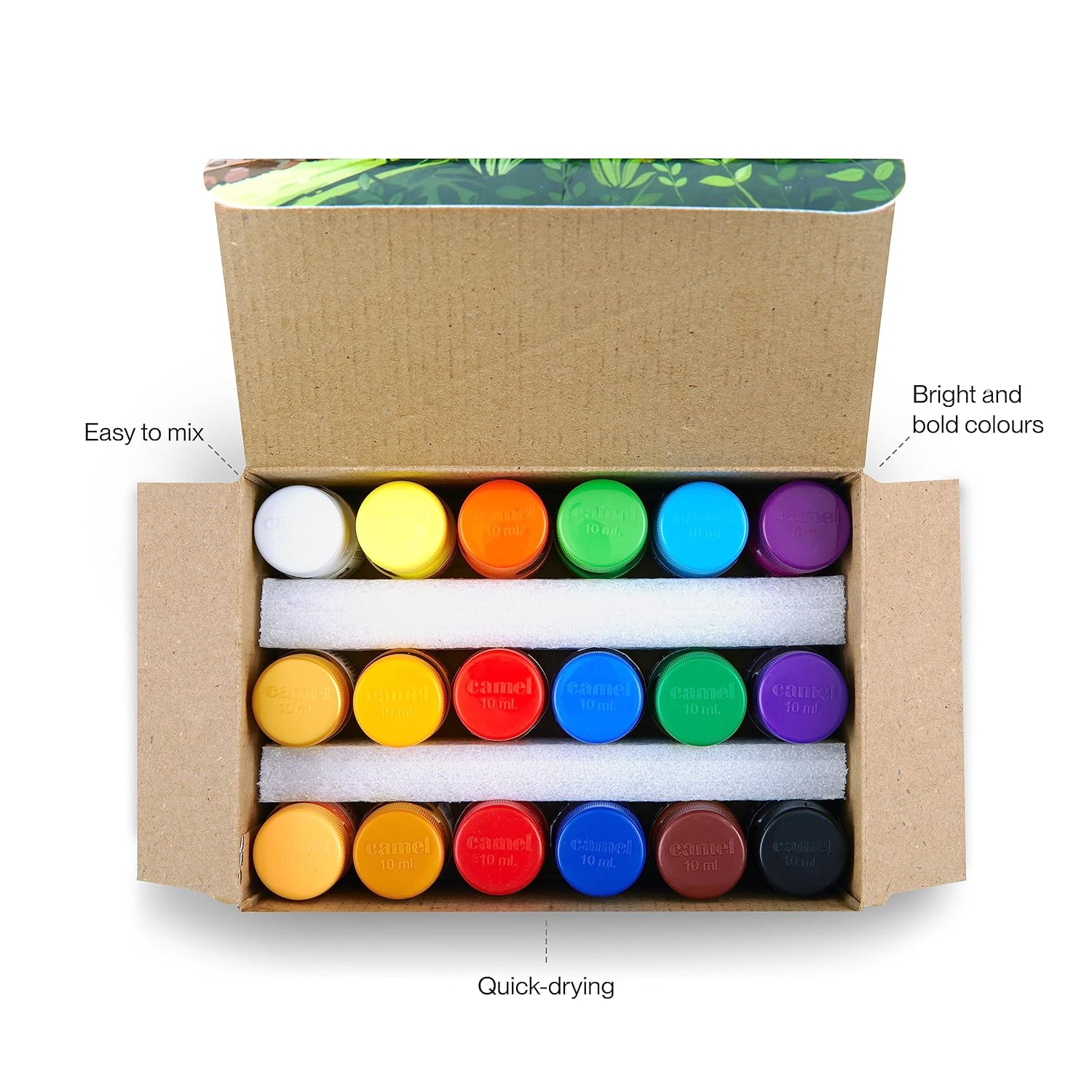 Camel poster color Pack of 18 shade bottles 10ml each, 1 palette, 1 brush. 