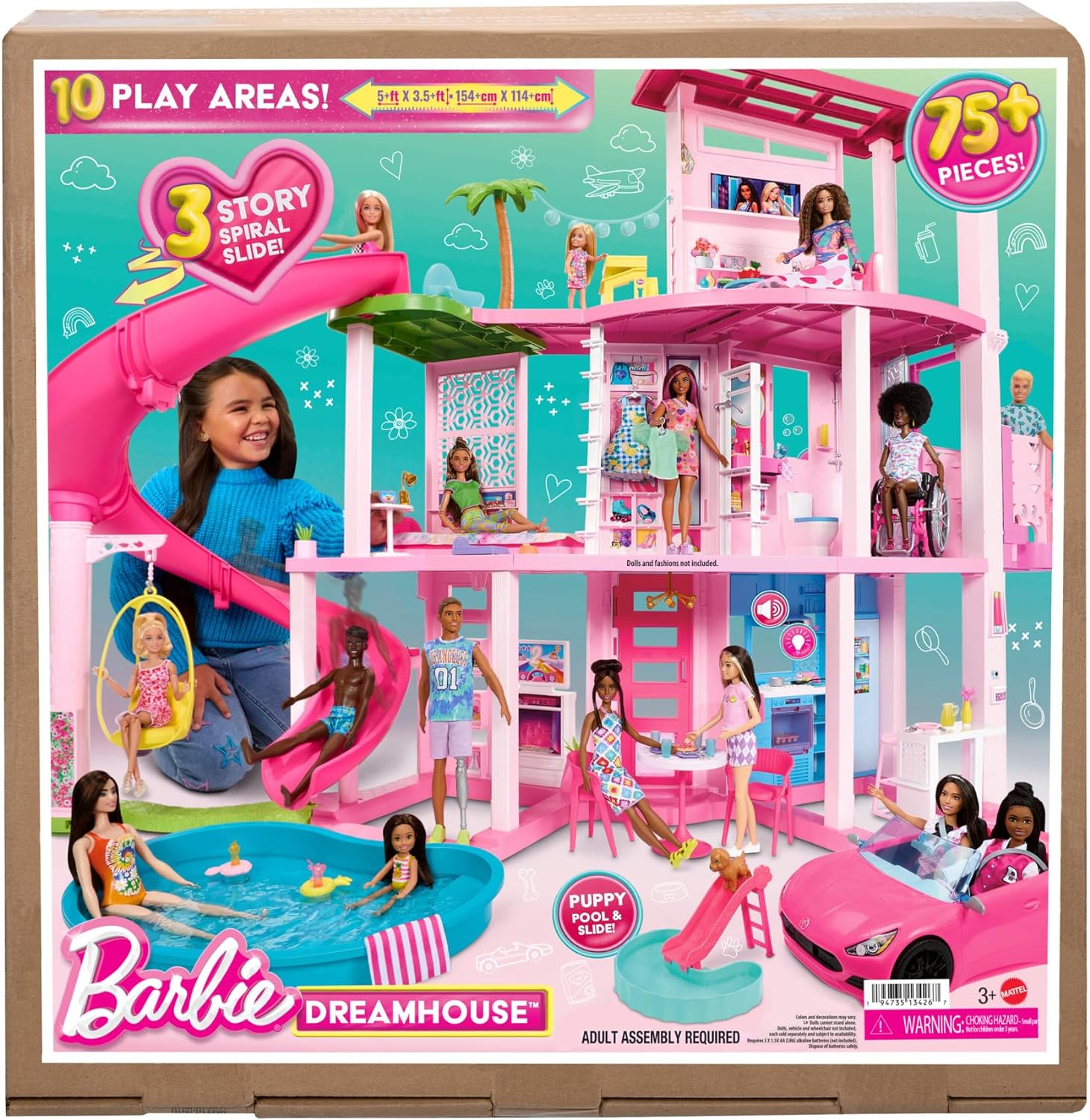 Barbie Dreamhouse, 3-Storey Barbie House with 10 Play Areas Including Pool, Slide, Elevator, 75 Doll Accessories, Toy Puppy, Adult Assembly Required, Toys for Ages 3 and Up, One Toy House, HMX10. 