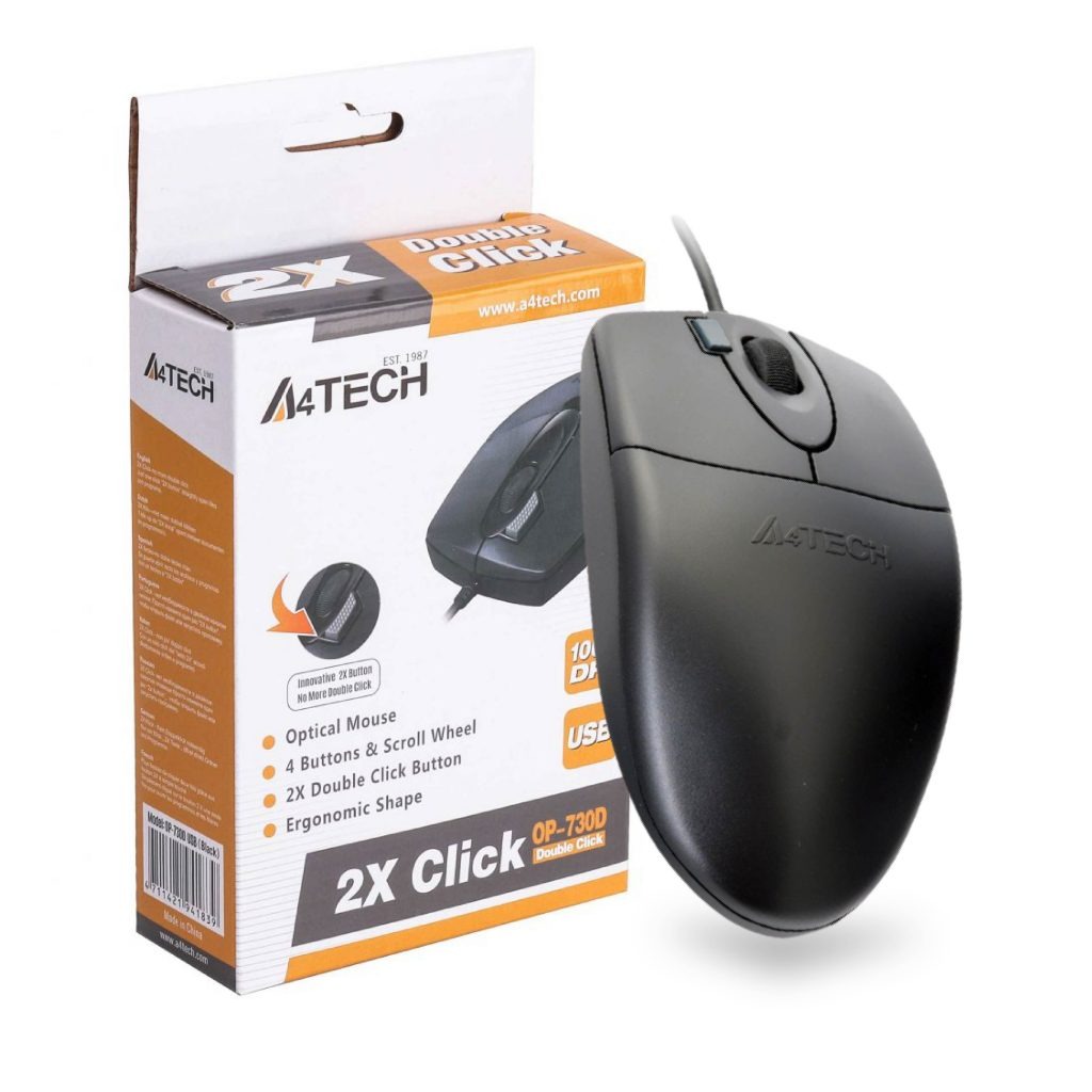 A4.tech OP-620D Wired Optical Mouse - 2x Click Button - 1000 DPI - For PC/Laptop - Black