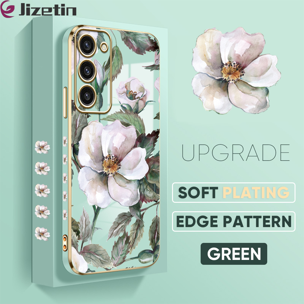 Jizetin (Free Lanyard) for Samsung S23 Plus 5G / S23+ 5G Back Cover White Peony Flower Luxury 6D Plating Case Side Pattern Soft Silicone Square Mobile Phone Cases