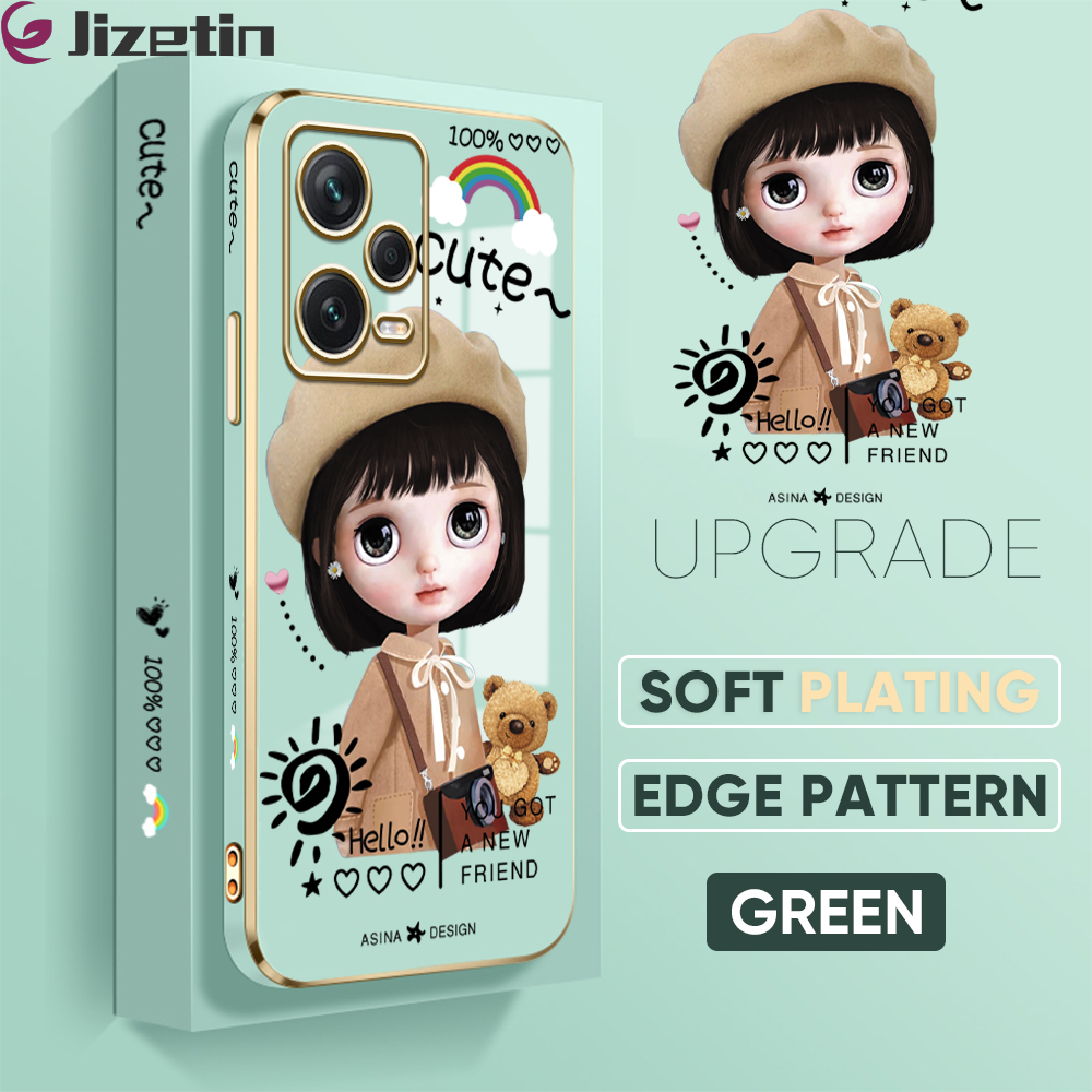 Jizetin (Free Lanyard) for Redmi Note 12 Pro+ 5G Back Cover Fashion Girl Luxury 6D Plating Case Side Pattern Soft Silicone Square Mobile Phone Cases