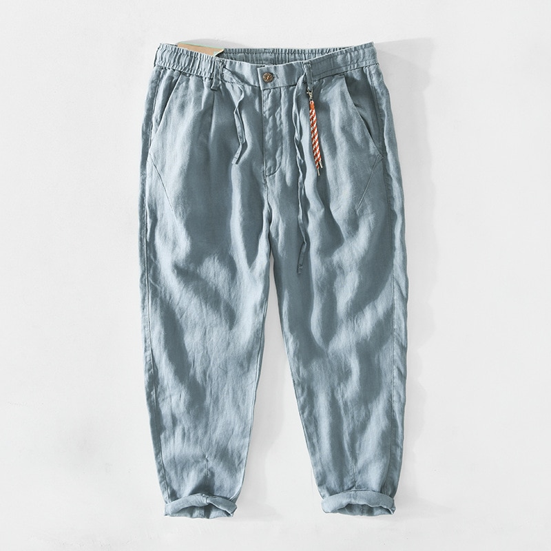 Spring Summer New Pure Linen Men Pants Thin Breathable  Made Casual Retro Khaki Green Trousers GA-Z356. 