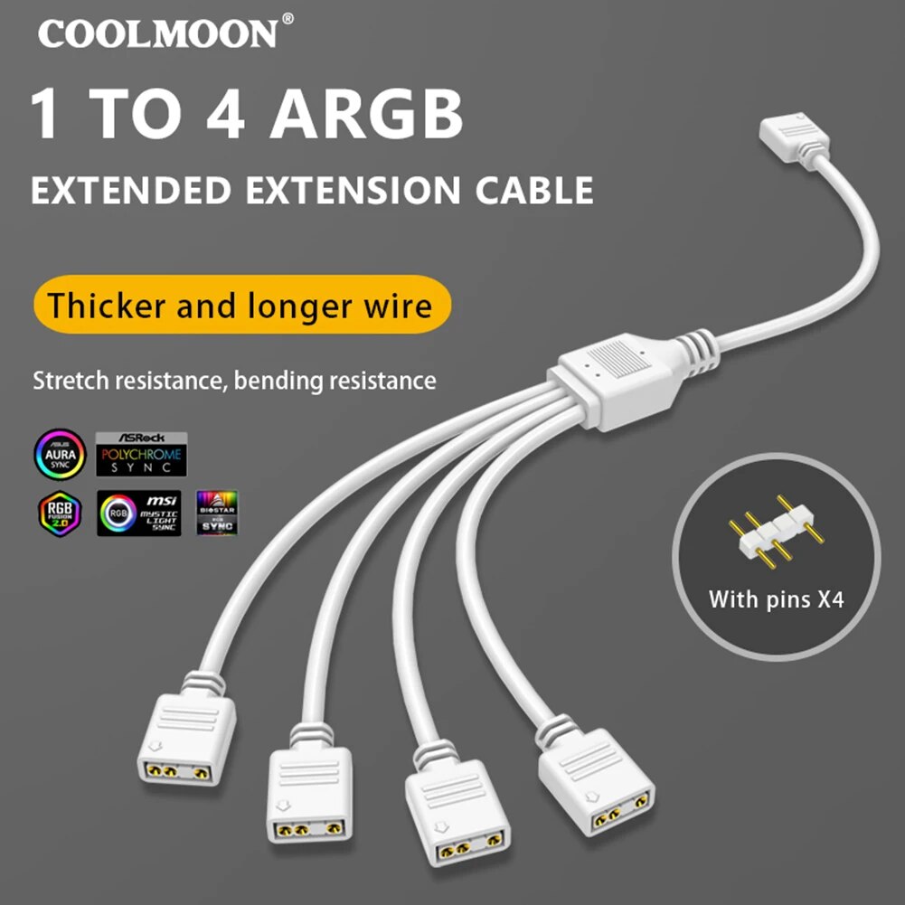 COOLMOON Gen 2 ARGB Splitter 5V 3 Pin 1 to 4/3/2 Universal Mainboard ARGB Extension Cable with Adapter Pin For Mainboard DIY. 