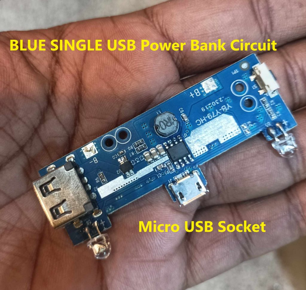 BLUE SINGLE USB Power Bank Circuit With LED Indicator & LED Light Input 5V 2A Micro USB Socket Output 5V 2A USB For 18650 Battery Charging Module 3.7V Battery. 