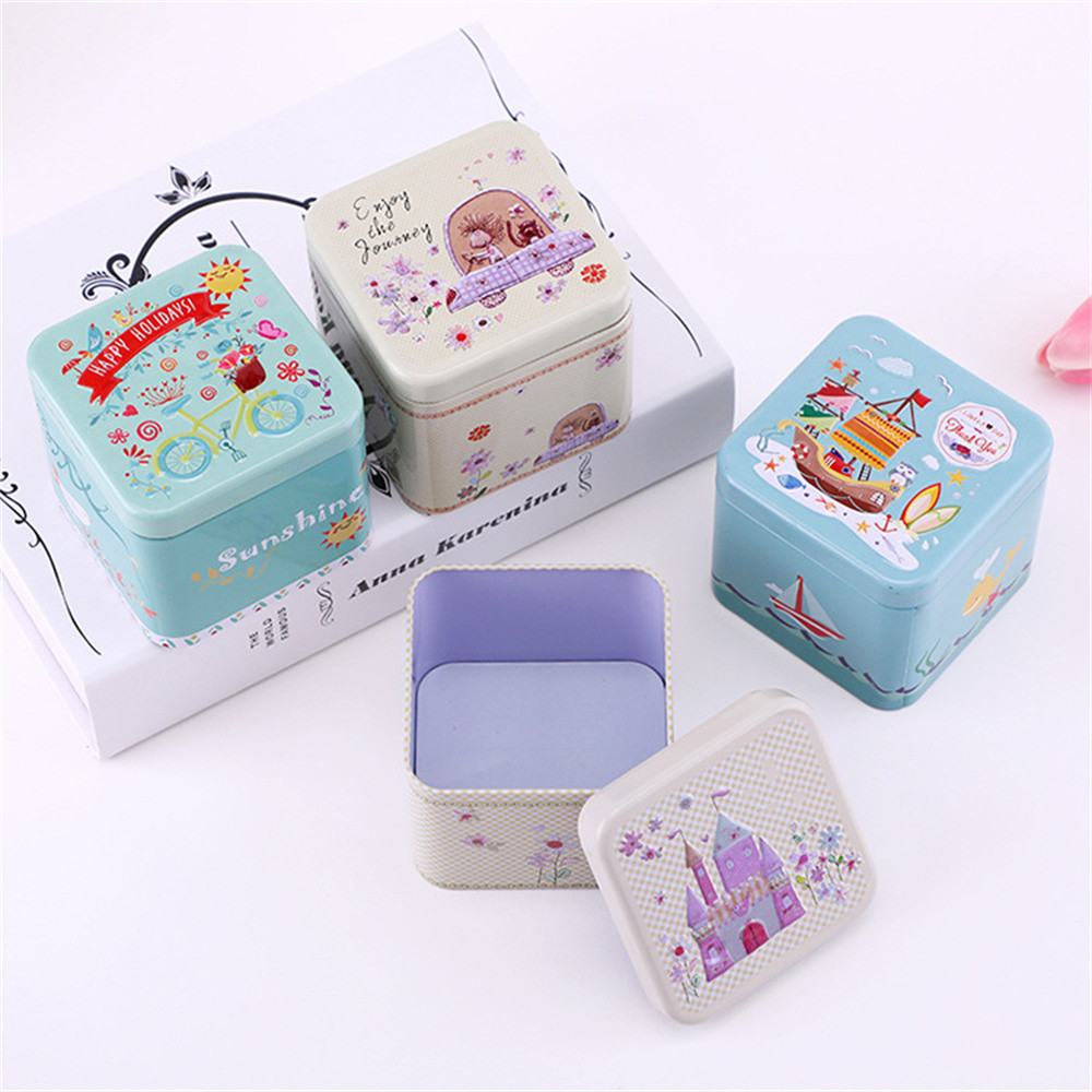 Square shape Cartoon tin box Cute Various colors Miniature design Mini storage can Small size Tin material Colorful jewelry box. 