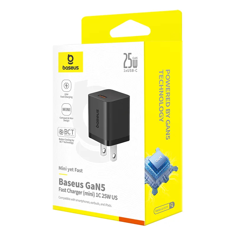 Baseus Charger GaN5 25W mini For Samsung S24 S23 S21 S20 Google Pixel Iphone 15 Series With Type-c Cable. 