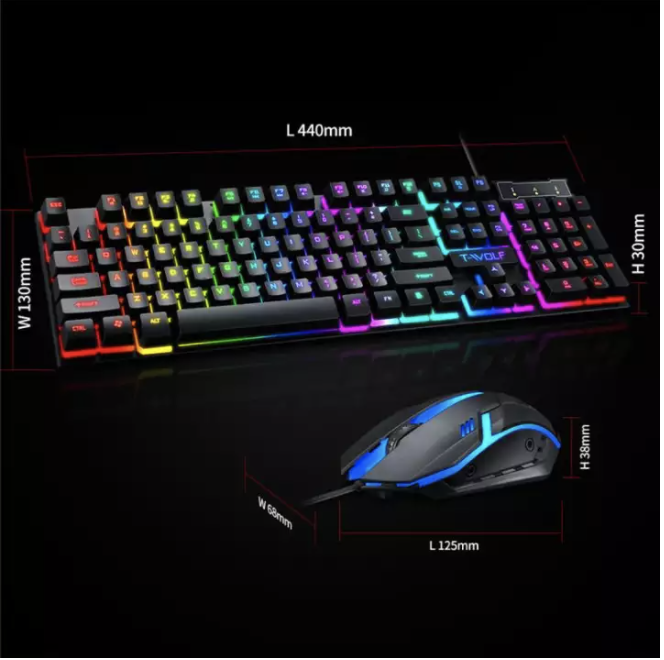 T-WOLF TF200 Rainbow LED Gaming Keyboard And Mouse Combo Bundle. 