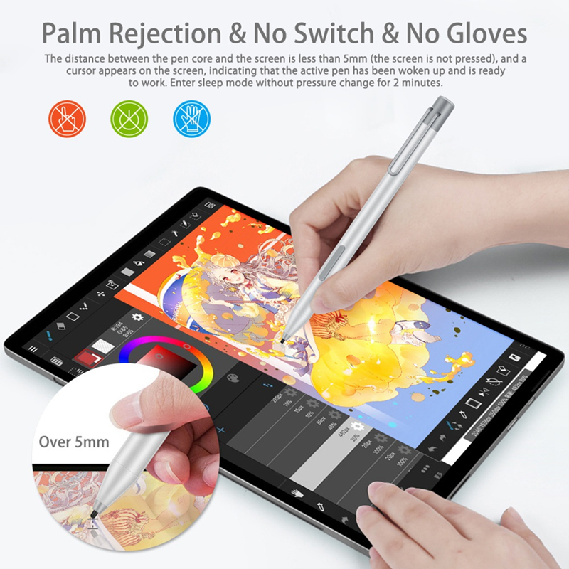 For Microsoft Surface Go Pro7/6/5/4/3 Electronic Pen Touch Capacitance Pen 4096 Levels of Pressure with Tip Extractor+Tip -Silver. 