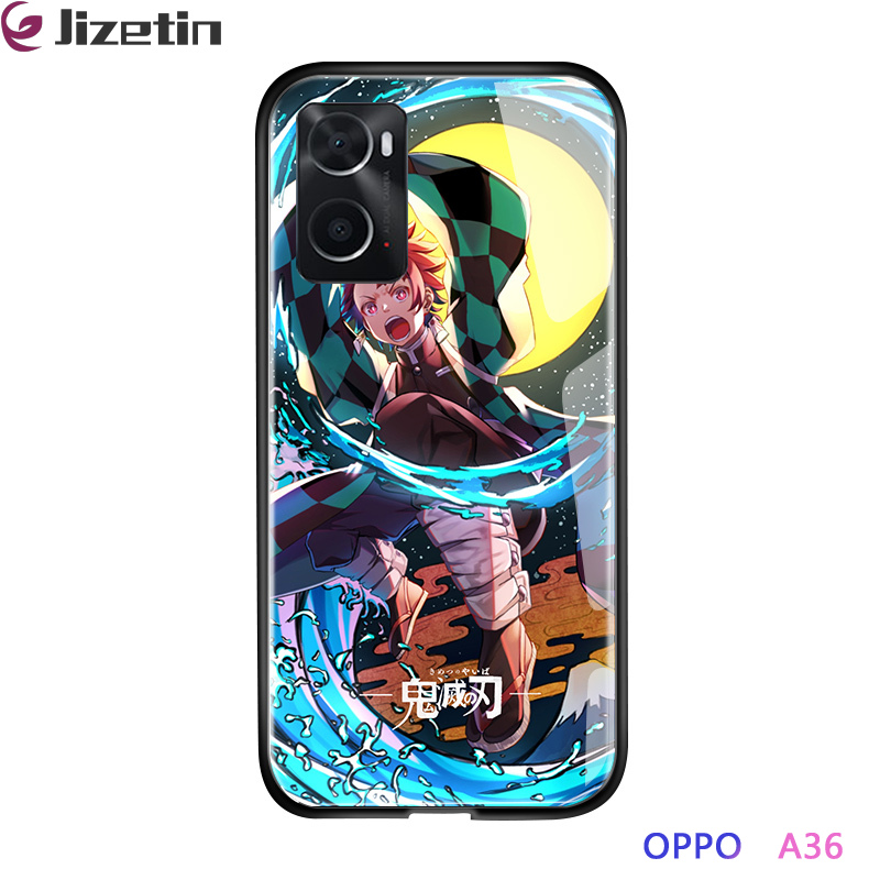 Jizetin for OPPO A36 / A76 / A96 Glass Back Cover Demon Slayer Glossy Tempered Glass Shockproof Soft Edge Phone Cases