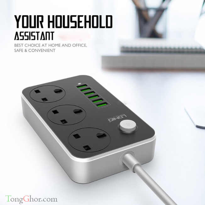 Ldino Power Strips 3 Socket with 6 USB Port For Charging - Dark Grey. 