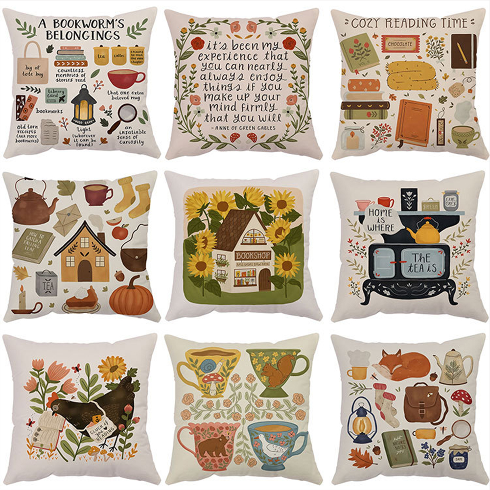 GC Flannel Square Bedside Pillowcase, Pastoral Home Atmosphere Cartoon Anime Pattern Cushion Protective Cover With Invisible Zipper 45x45cm color. 