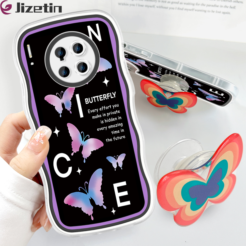 Jizetin for Huawei Mate 30 Pro Back Cover + Free Pop Socket Colorful Butterfly Soft Wavy Shape TPU Phone Case For Girls Boys