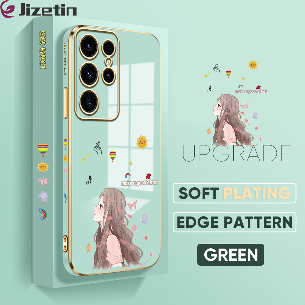 Jizetin (Free Lanyard) for Samsung S23 Ultra 5G Back Cover Butterfly Girl Luxury 6D Plating Case Side Pattern Soft Silicone Square Mobile Phone Cases