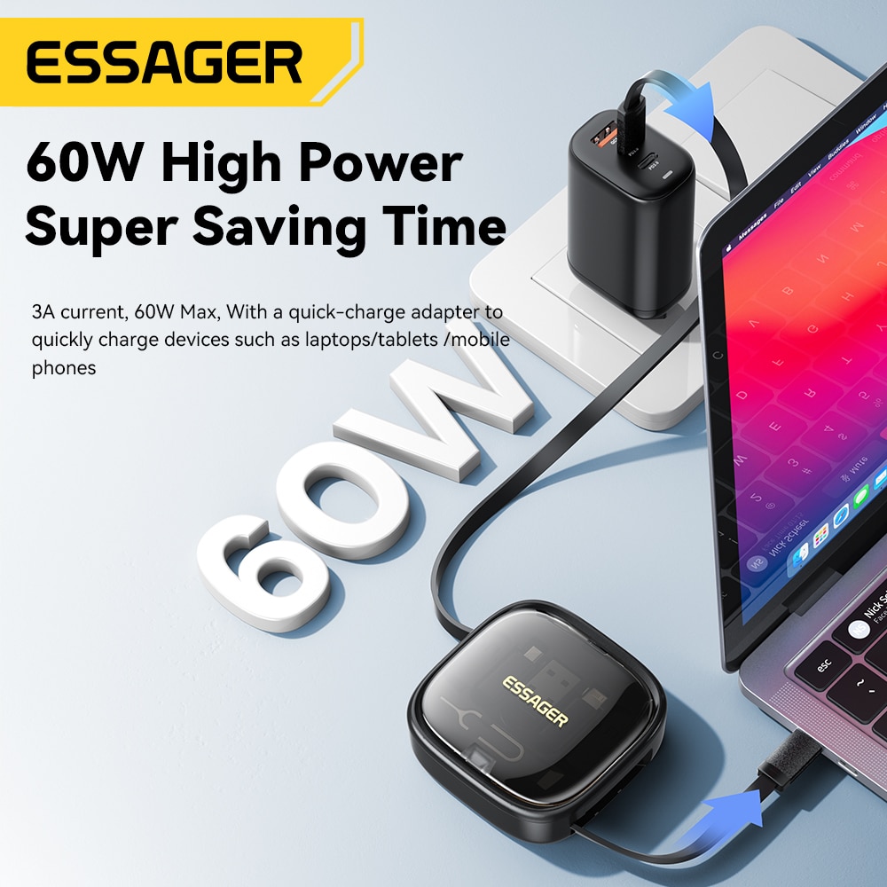 Essager USB C To Tpye C Cable PD 60W for xiaomi poco Fast Charging Data Travel Multi Functional Cord With Holder Storage Box. 