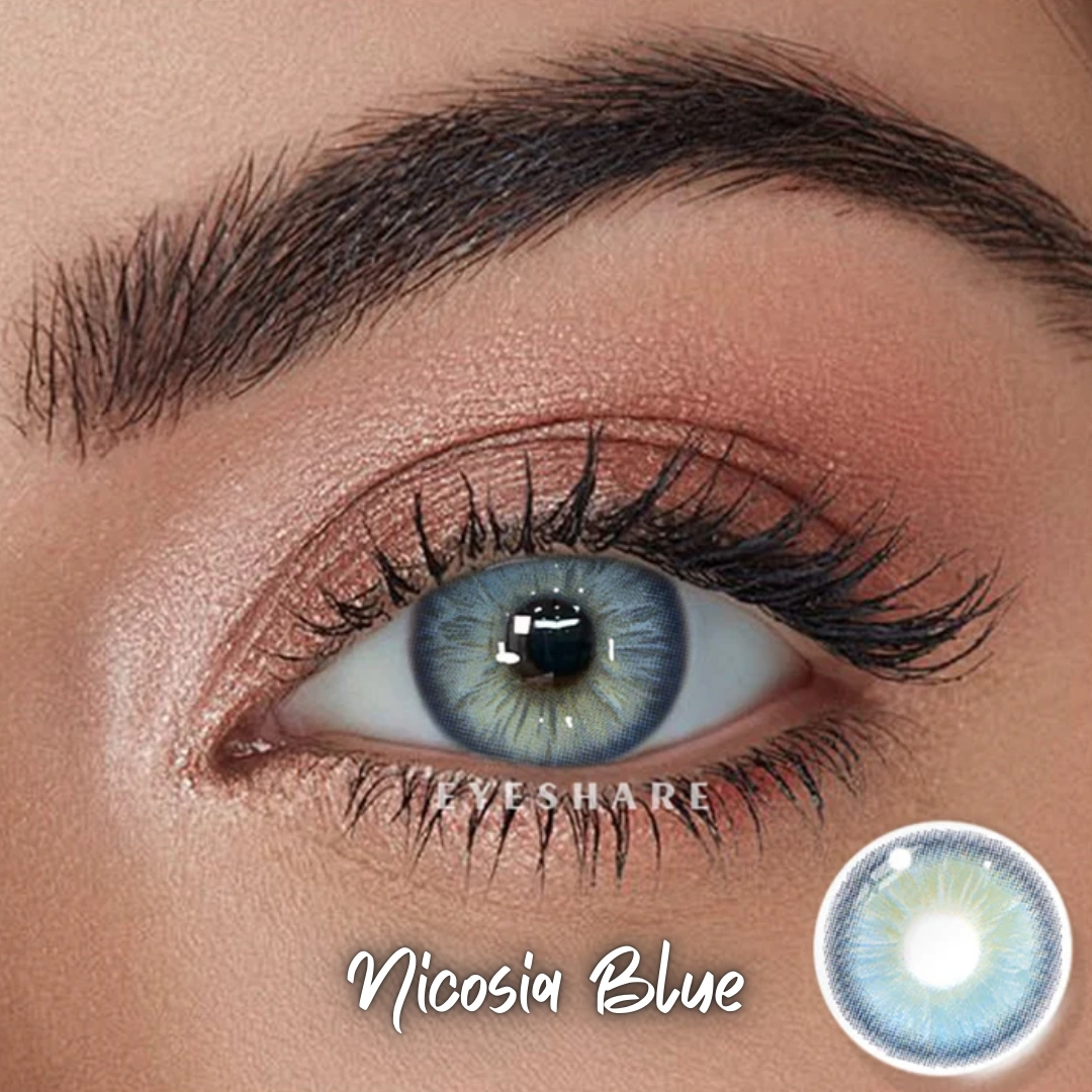 New Eyeshare Nicosia Blue Color contact lens with regular kit box for men & women. 1 pair Eyeshare Color contact lens for eye makeup and Cosmetics. Eyeshare NIcosia Series. #Nicosia. 