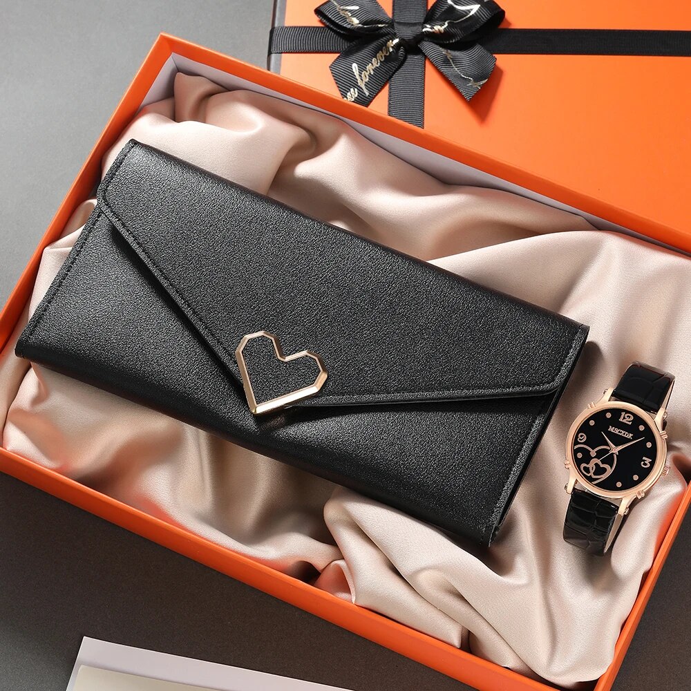 2PCS Set Women Fashion Casual Leather Watches Quartz Wristwatches Ladies Heart Shaped Long Wallet Dress Clock Montre Femme