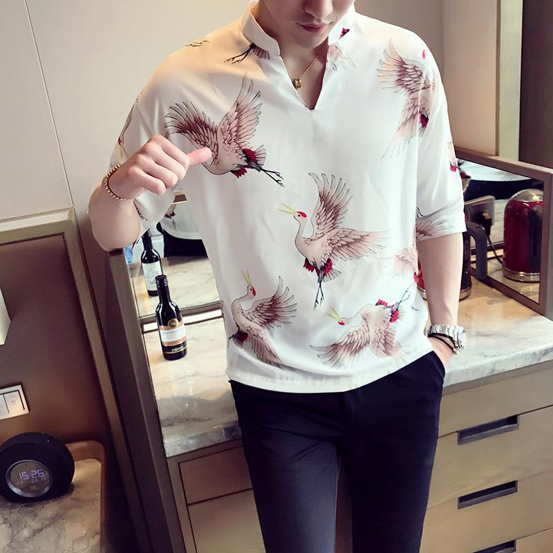 Summer Half Sleeve Crane Printing Dress 