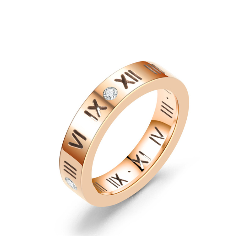 High-end trendy titanium steel couple ring for women, Roman numeral inlaid zircon ring for men, Korean version of popular jewelry