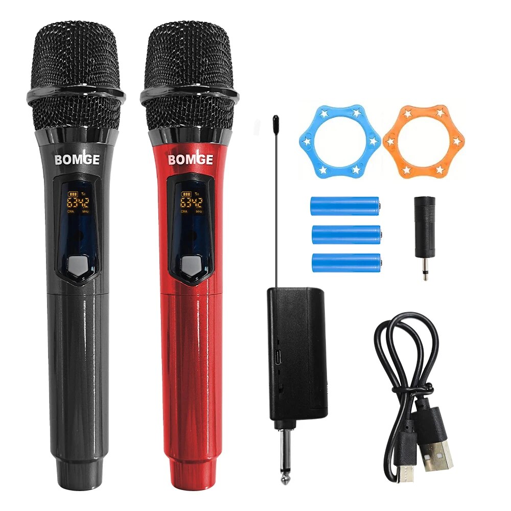 Wireless Handheld Microphone Metal Dual UHF Cordless Dynamic Mic System With 1800MAh Rechargeable Receiver For Karaoke Party. 