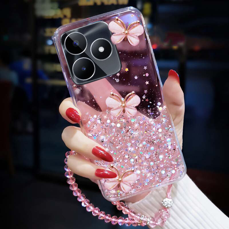 For Realme C53 Case Sparkling Star Moon Soft Silicone Transparent Butterfly + Crystal Chain For Realme C53 Back Cover