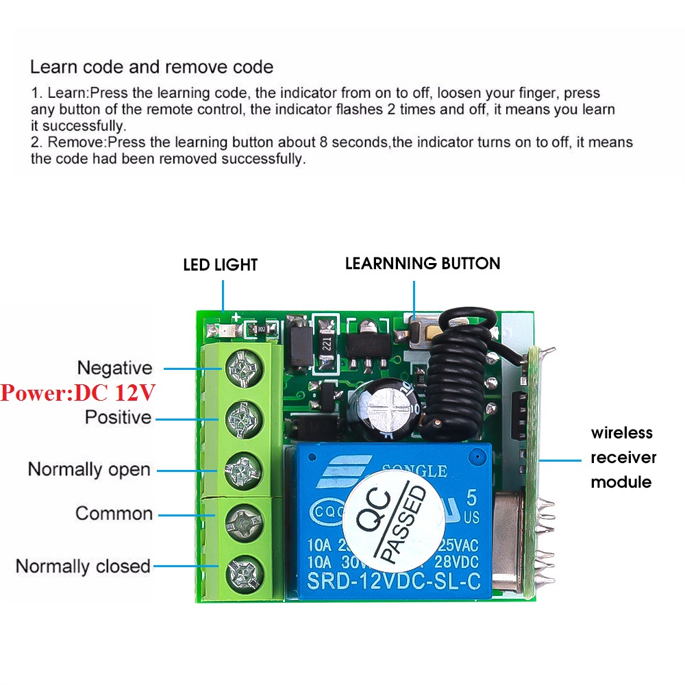 Kebidu 2 Channel Wireless RF 433mhz Cloning Remote Control Switch with DC 12V 10A Relay 1 CH Receiver Module. 