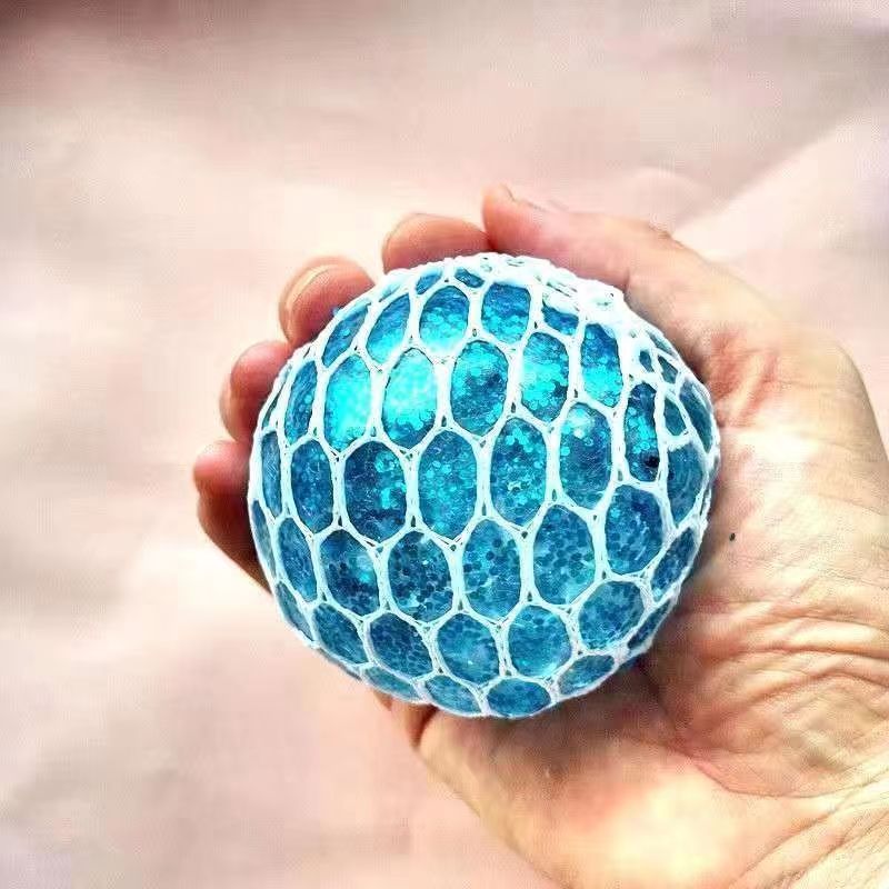 Kid Adult TPR Hand Squishy Ball with Net Rainbow Slime Glow Stress Relief Toy Squeeze Mesh Glitter Gel Bead Sensory Fidget Gfit. 