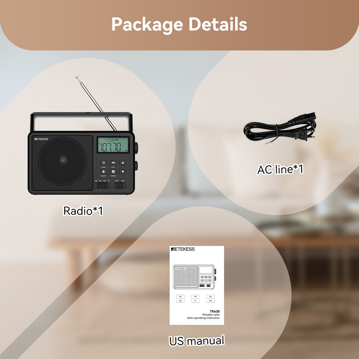 RETEKESS TR638 Portable Bluetooth Radio, AM FM Shortwave Radio with Backlight LCD Display, Large Knob Digital Radio for Home Elders Support External Antenna, TF Card and USB. 