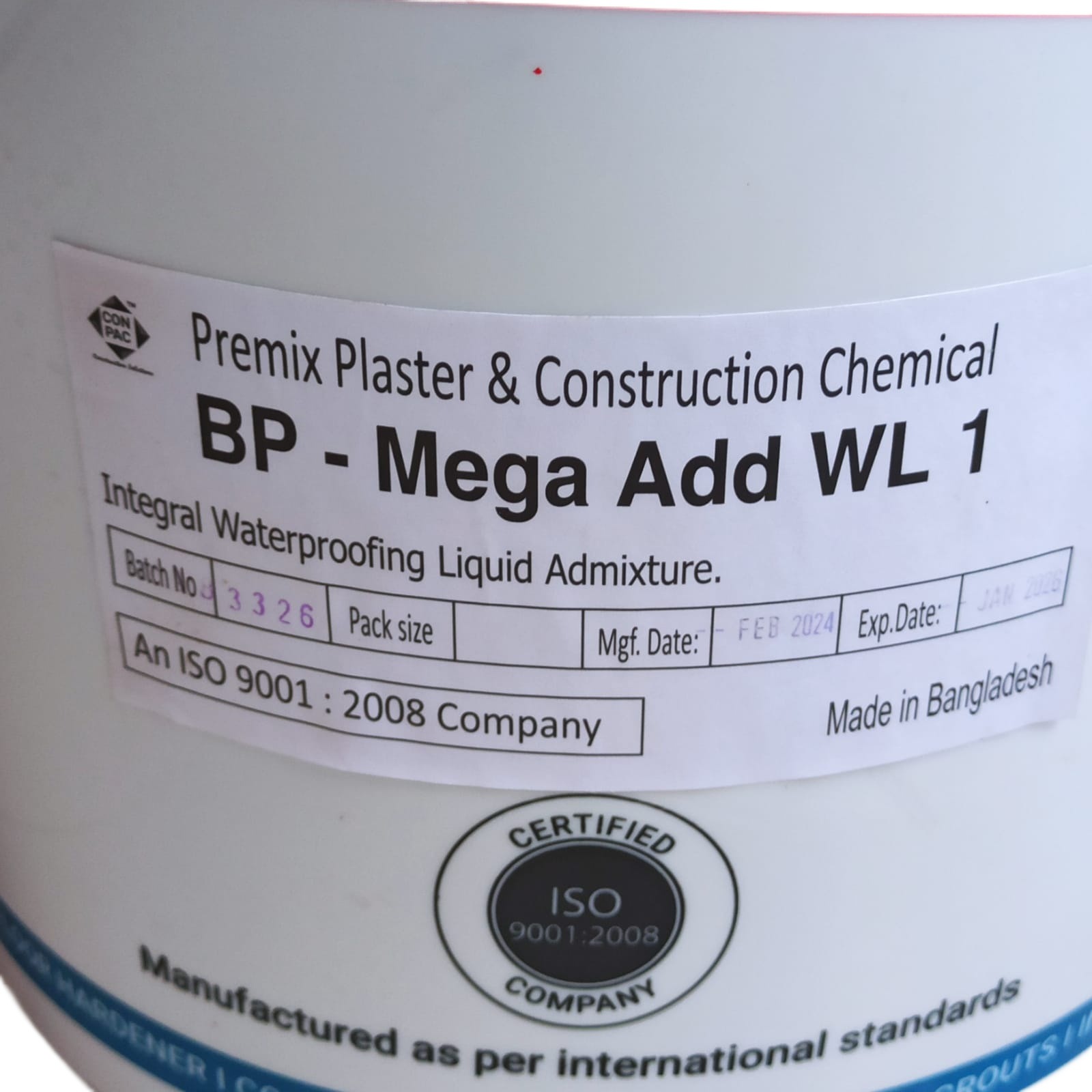 Construction chemical point seller "BP-MegaAdd WL1" Integral Waterproofing Admixture for concrete and mortar color druck brown. 