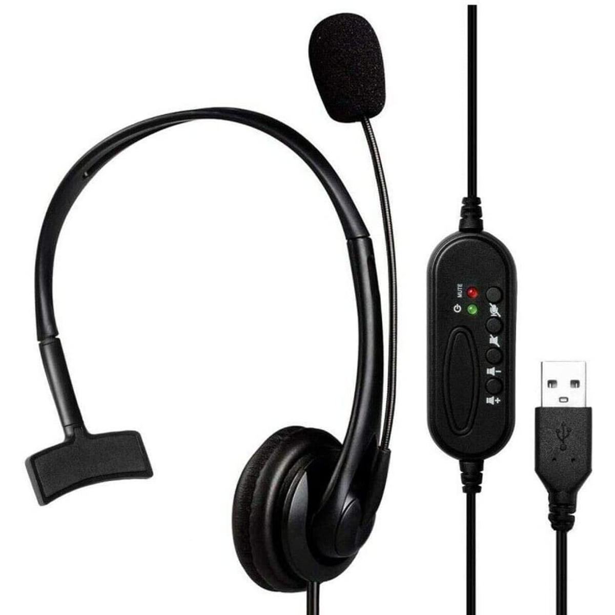 Single Ear Headset with Microphone USB Headphones with Noise Cancelling Boom Mic and Mute Button. Best fit for Zoom, Skype, Conference Calls, Office and Learning. 