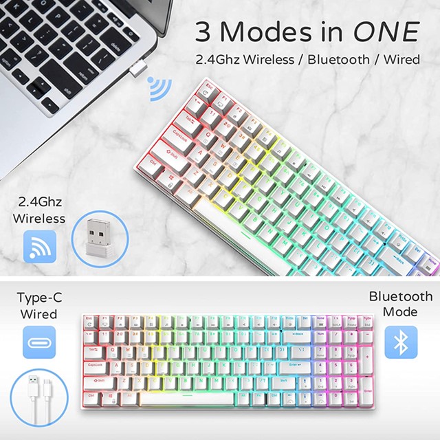 ROYAL KLUDGE RK100 RGB Wireless Mechanical Keyboard (SWITCH-BROWN/RED/BLUE) plug and play with computer or xbox or console. 