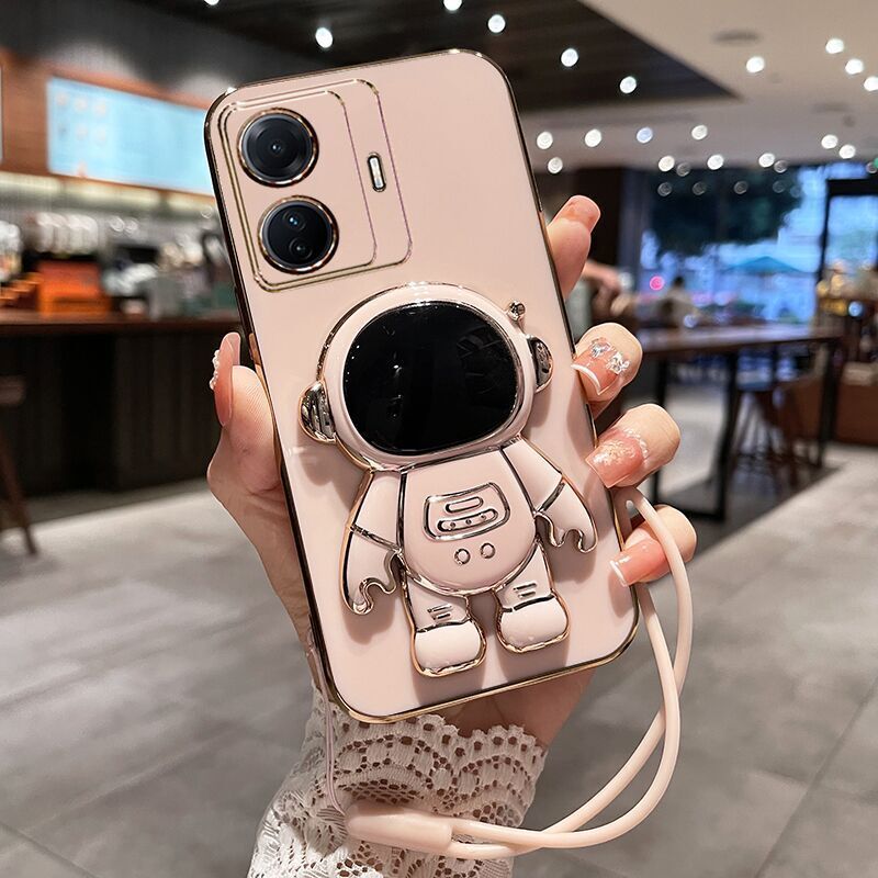 Corogi for realme C55 cartoon astronaut back cover foldable stand style 6d plated bumper table case with lanyard soft silicone phone case cover bag for girls kids