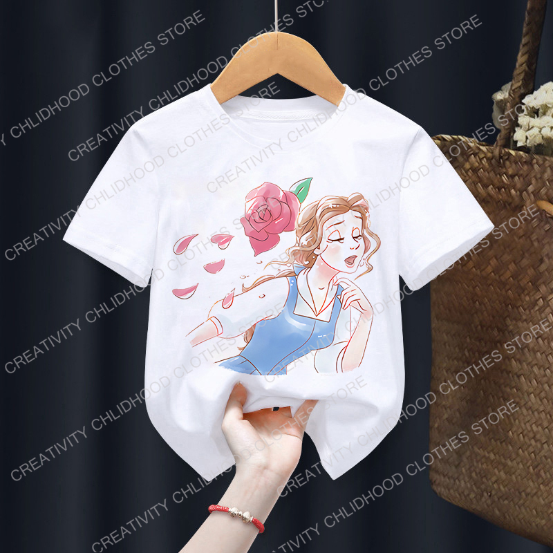 2022 Belle Children T-Shirt Disney Princess Anime T Shirt Clothes Cartoons Fairy Tales Kawaii Casual Top Kid Boy Girl Tee Shirts. 
