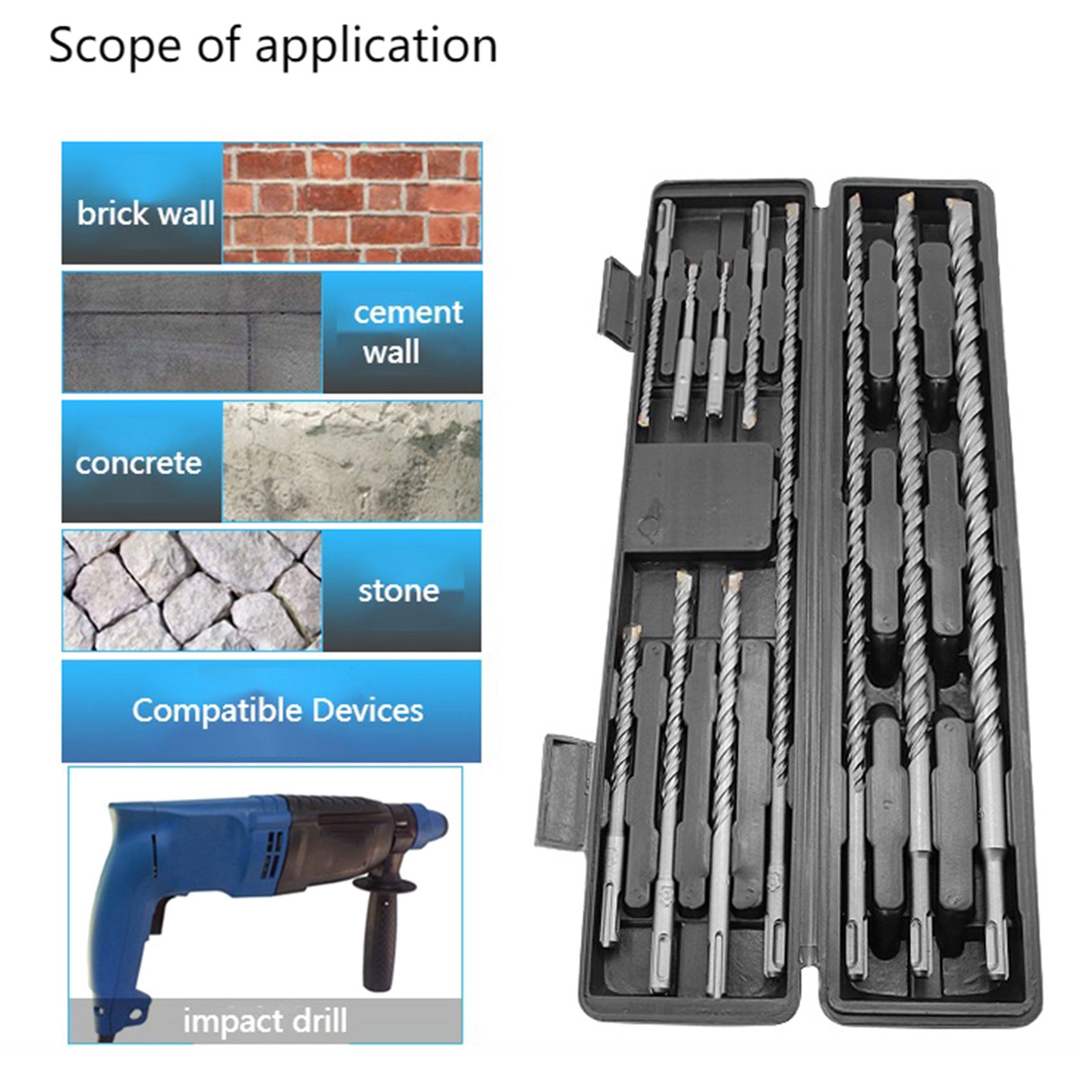 ARELENE 11Pcs SDS Electric Hammer Drill Bits, YG8C Carbide Steel Flat Head Electric Hammer Masonry Drill Bit Set,10X160-20X450mm. 