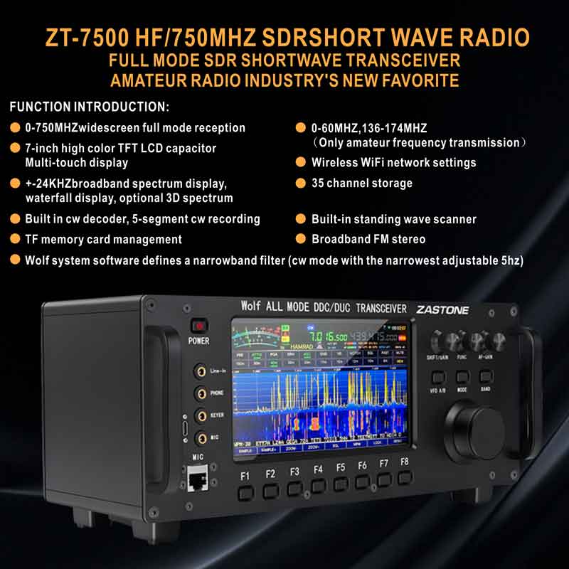 ZASTONE ZT7500 SDR kısa dalga alıcı HF LF 6M VHF UHF DDC DUC tüm mod mobil radyo 100W 0-750MHZ dokunmatik ekran almak. 