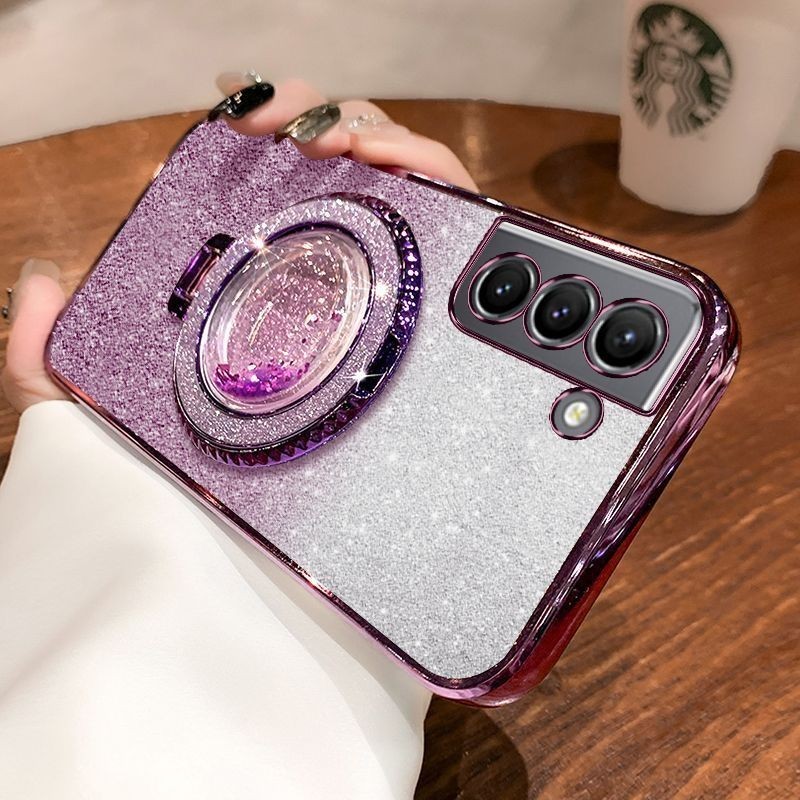 For Samsung Galaxy S22 / S22 Plus / S22 Ultra case with Liquid Glitter Quicksand hourglass Stand Holder Luxury Shiny Gradient Plating Girls Slim Phone Case Clear Soft Silicone Protective Pouch Women
