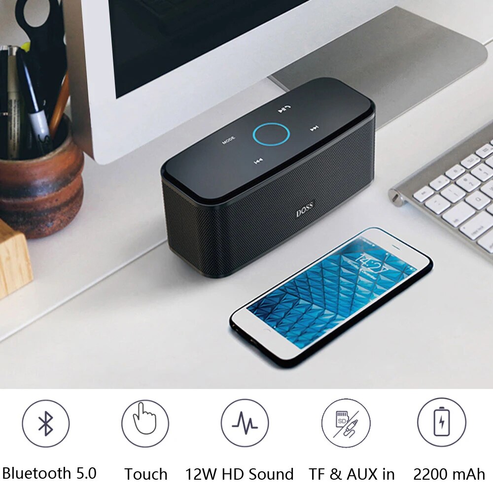 DOSS Computer Bluetooth Speaker SoundBox BT 5.0 Touch Control 12W HD Stereo Music Sound Box Waterproof Portable Wireless Speaker. 