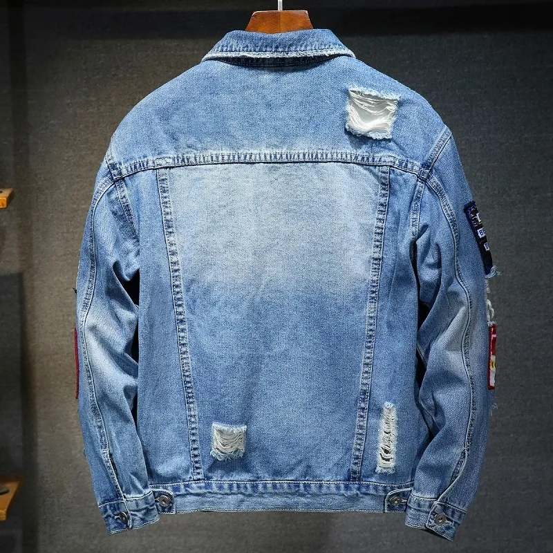 Men Brand Denim Jacket Streetwear Punk Motorcycle Ripped Print