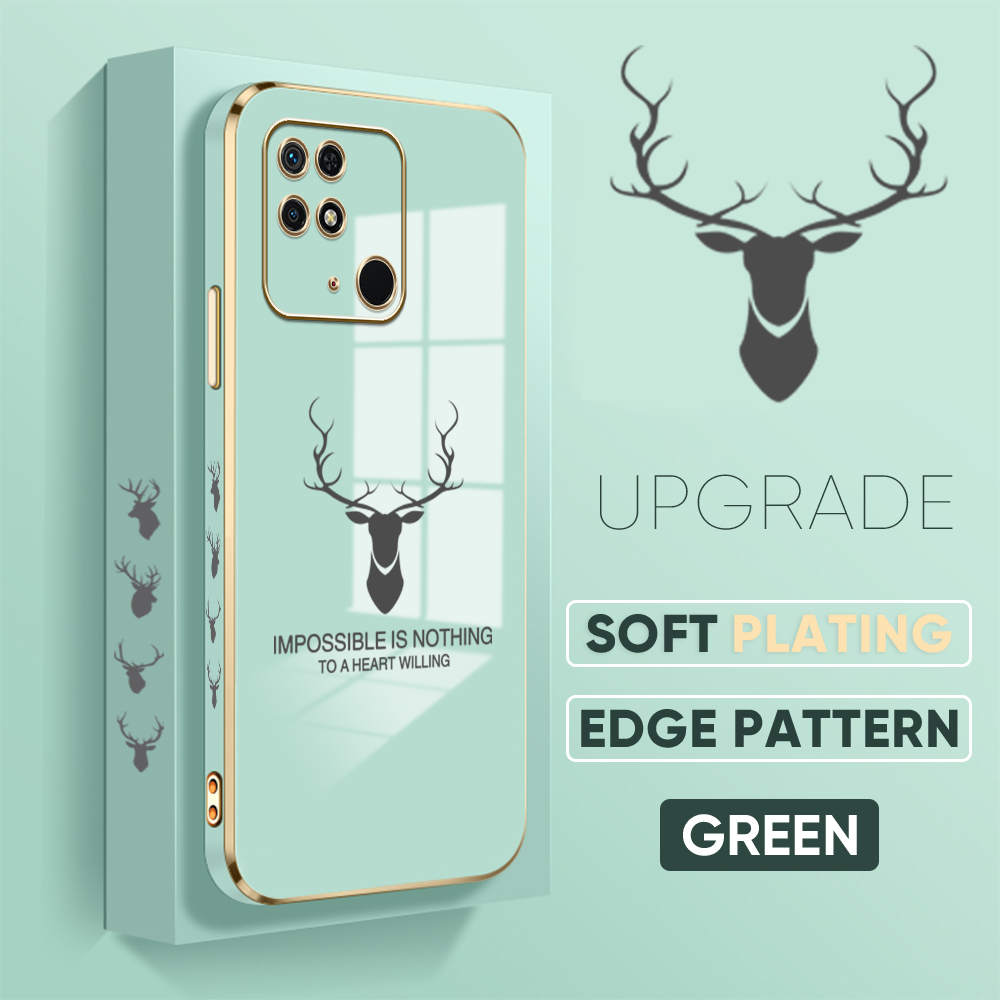 Jizetin (Free Lanyard) for Redmi 10C Back Cover Antlers Luxury 6D Plating Case Side Pattern Soft Silicone Square Mobile Phone Cases