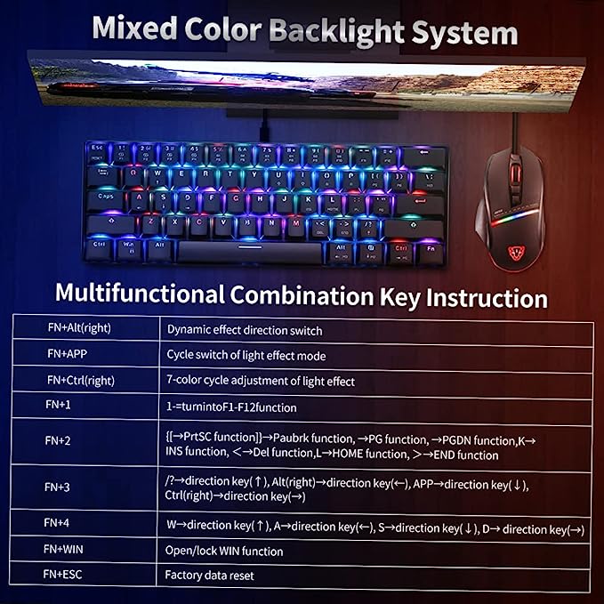 MOTOSPEED CK61 RGB Mechanical Gaming Keyboard OUTMU Blue Switches Keyboard 61 Keys Anti-ghosting with Backlight for Gaming Black plug and play with computer or xbox or console
