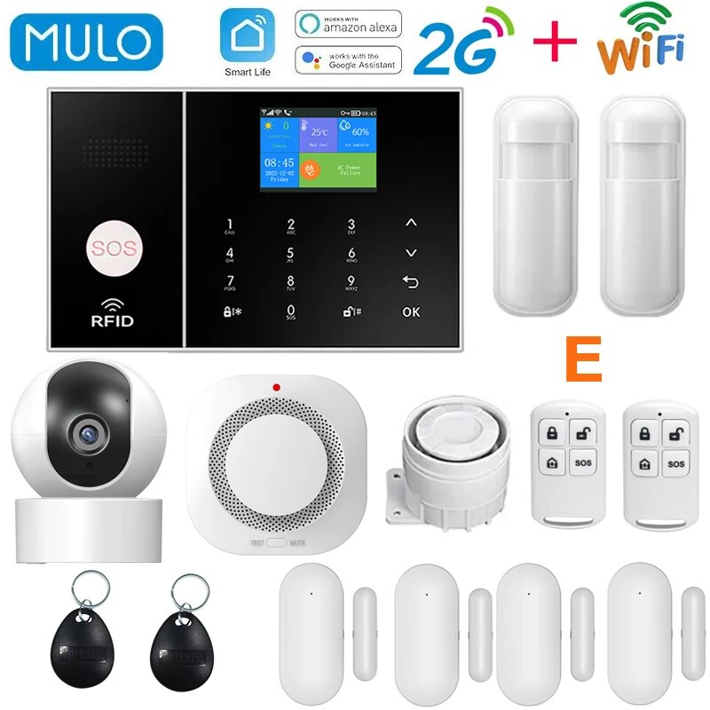 MULO Wifi GSM Alarm System For Home Wireless Security Burglar System Kit 2G Smart Life Tuya App Control Work With Alexa. 