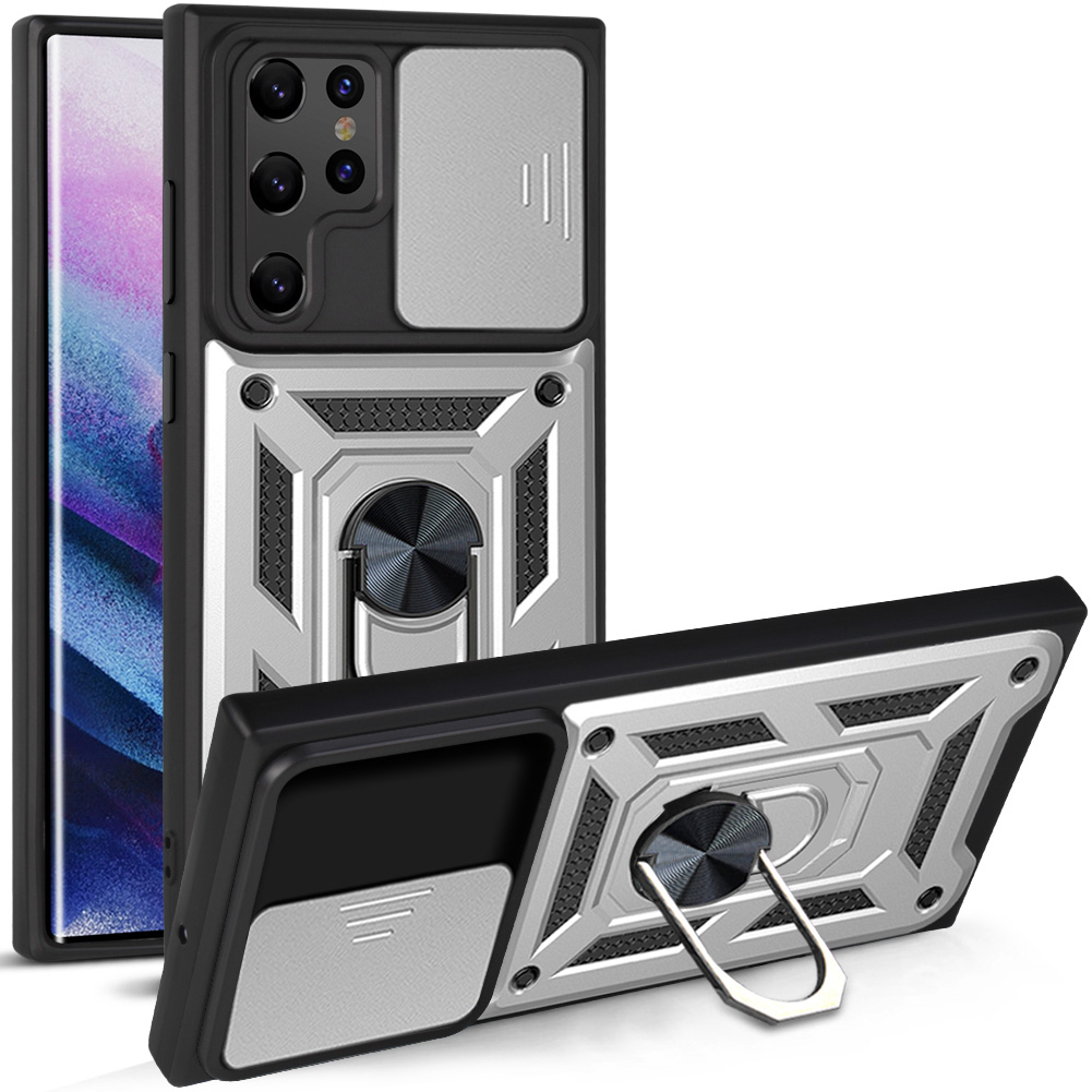 HODON Armor Shockproof Ring Stand Holder Case For Samsung Galaxy S24 S23 S22 S21 S20 Ultra S24 Plus S23FE Note 20 Cases Lens Push Pull Sliding Window Bracket Back Cover