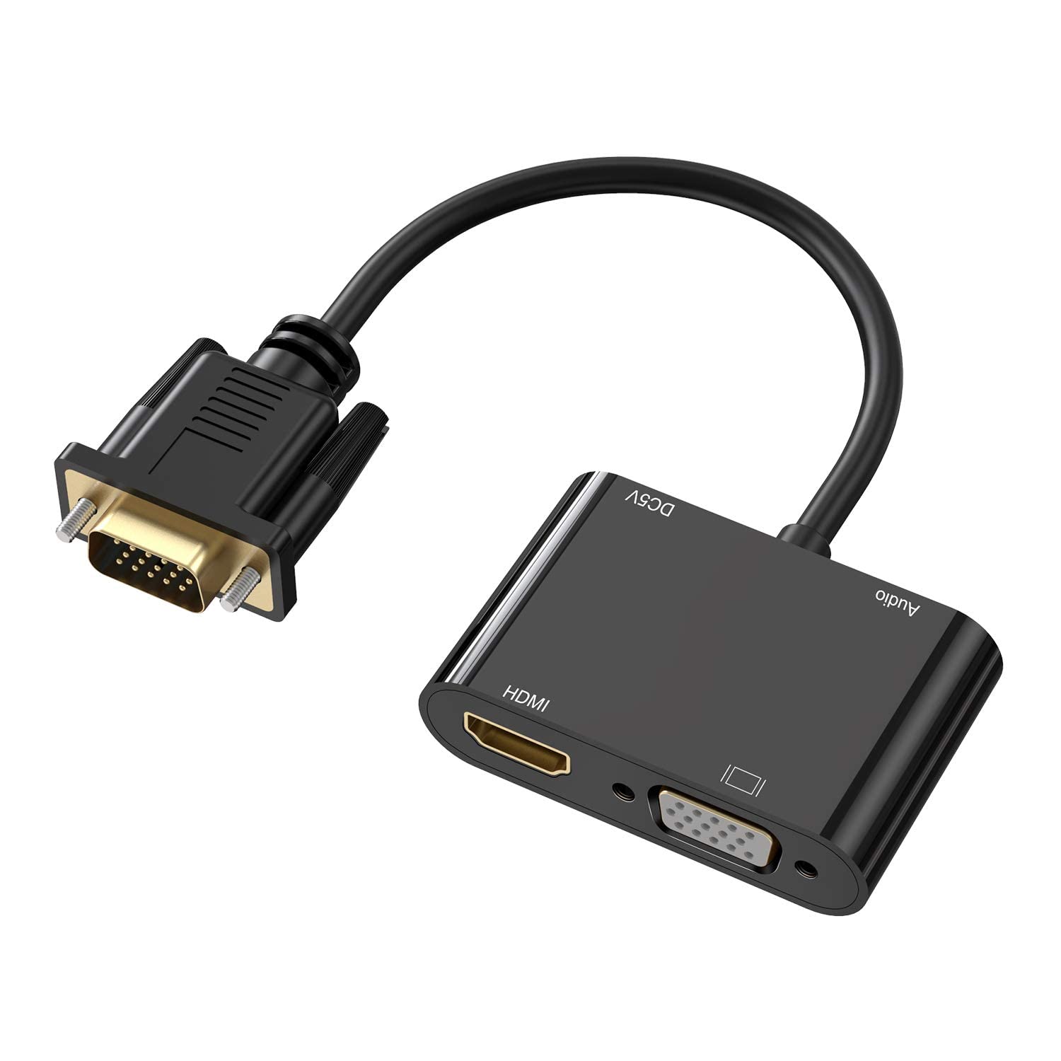VGA to HDMI VGA Adapter, Gold Plated Dual Display Converter Splitter (1 in 2 Out ) with 3.5mm Jack Audio Cable and Charging Cable for Computer, Monitor, TV and More, Black