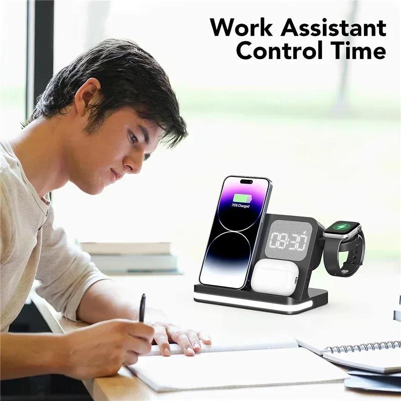 6 in 1 LED Fast Wireless Charger Stand Charging Station Clock Alarm For iPhone 15 14 13 12 11 Apple Watch 2-9 Series Airpods Pro. 