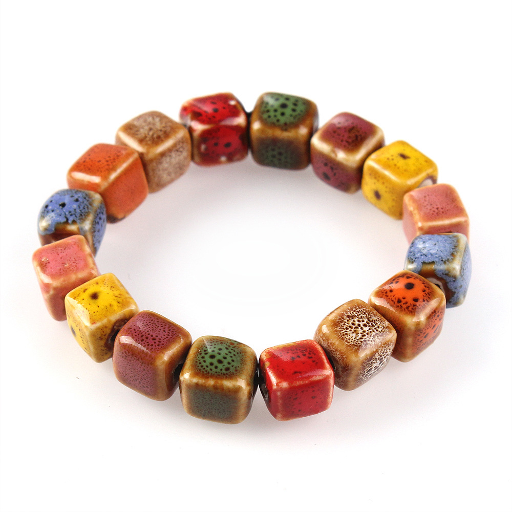 Ethnic style porcelain jewelry colorful handmade porcelain beads elastic bracelet retro fashion simple bracelet factory direct sales. 