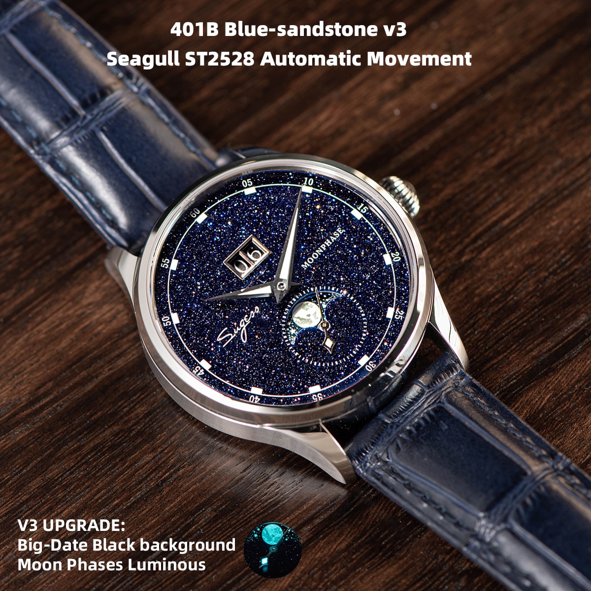 Sugess Moonphase Watch of Men 40mm Automatic Mechanical Wristwatches Seagul ST2528 Movement Stainless Steel Blue Sandstone Dial. 