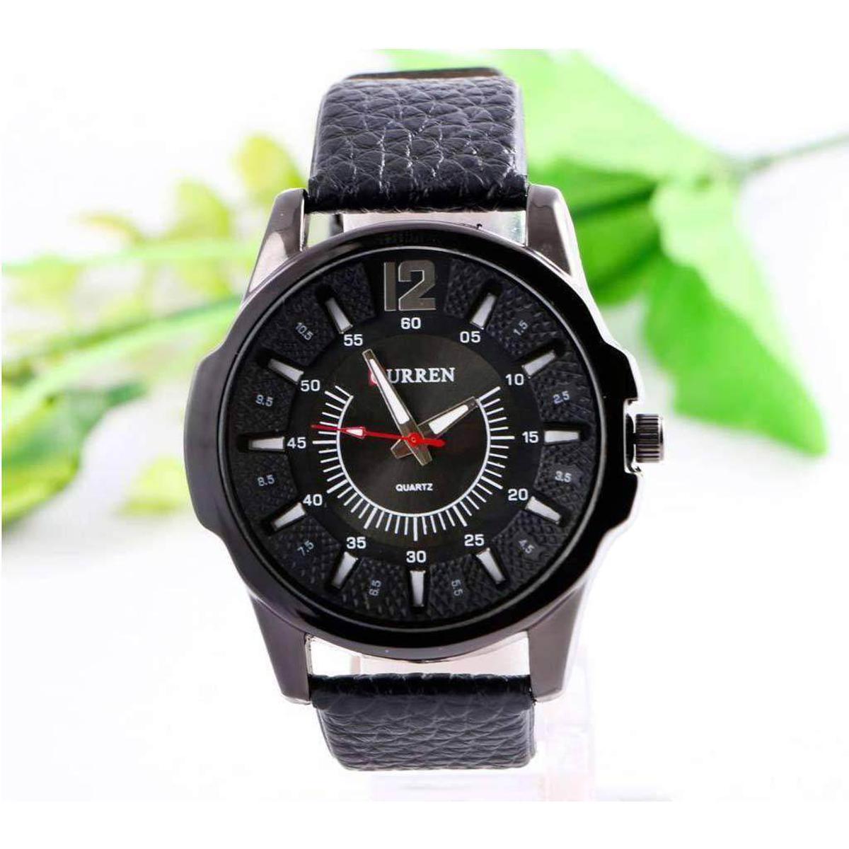 Stylist leather analog hand clock for men-black color. 