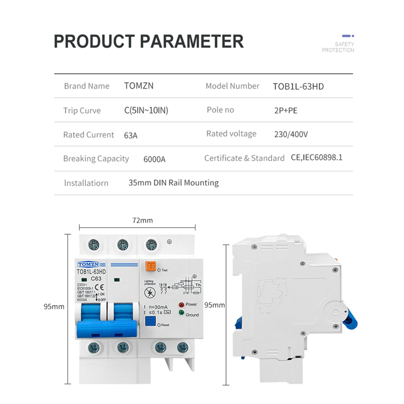 TOMZN Residual Current Circuit Breaker Main Switch with Protector 63A. 