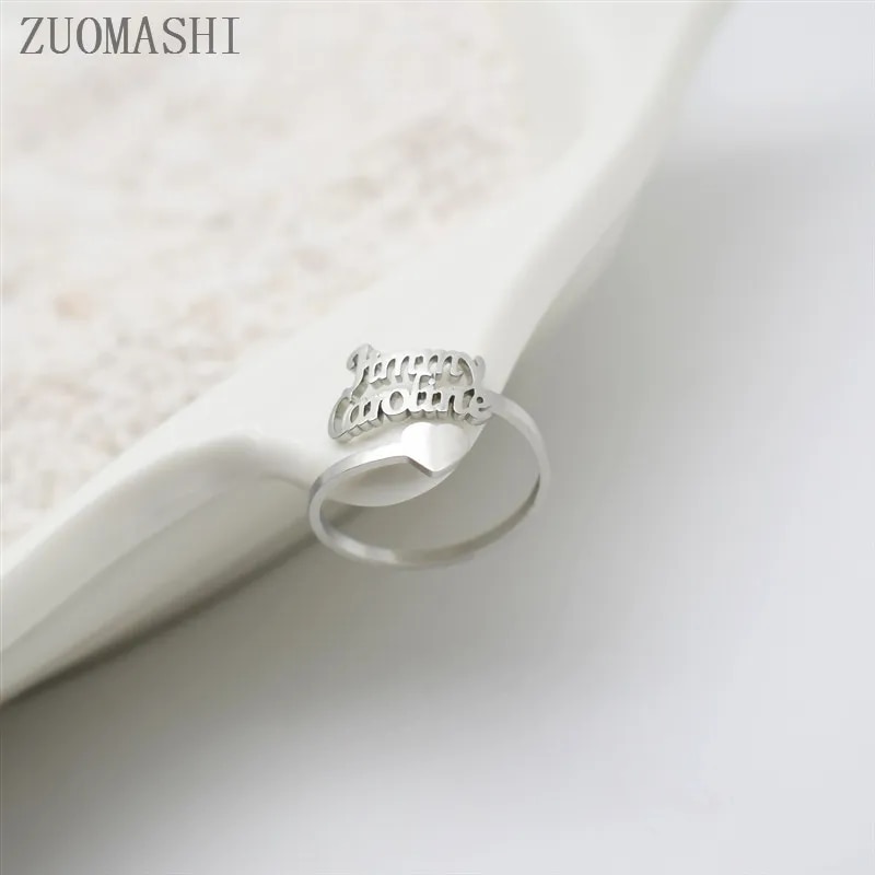 Dainty Custom Name Ring Stacking Name Rings With Heart Meaningful Mother Gift Personalized Ring With Your Word Double Names. 