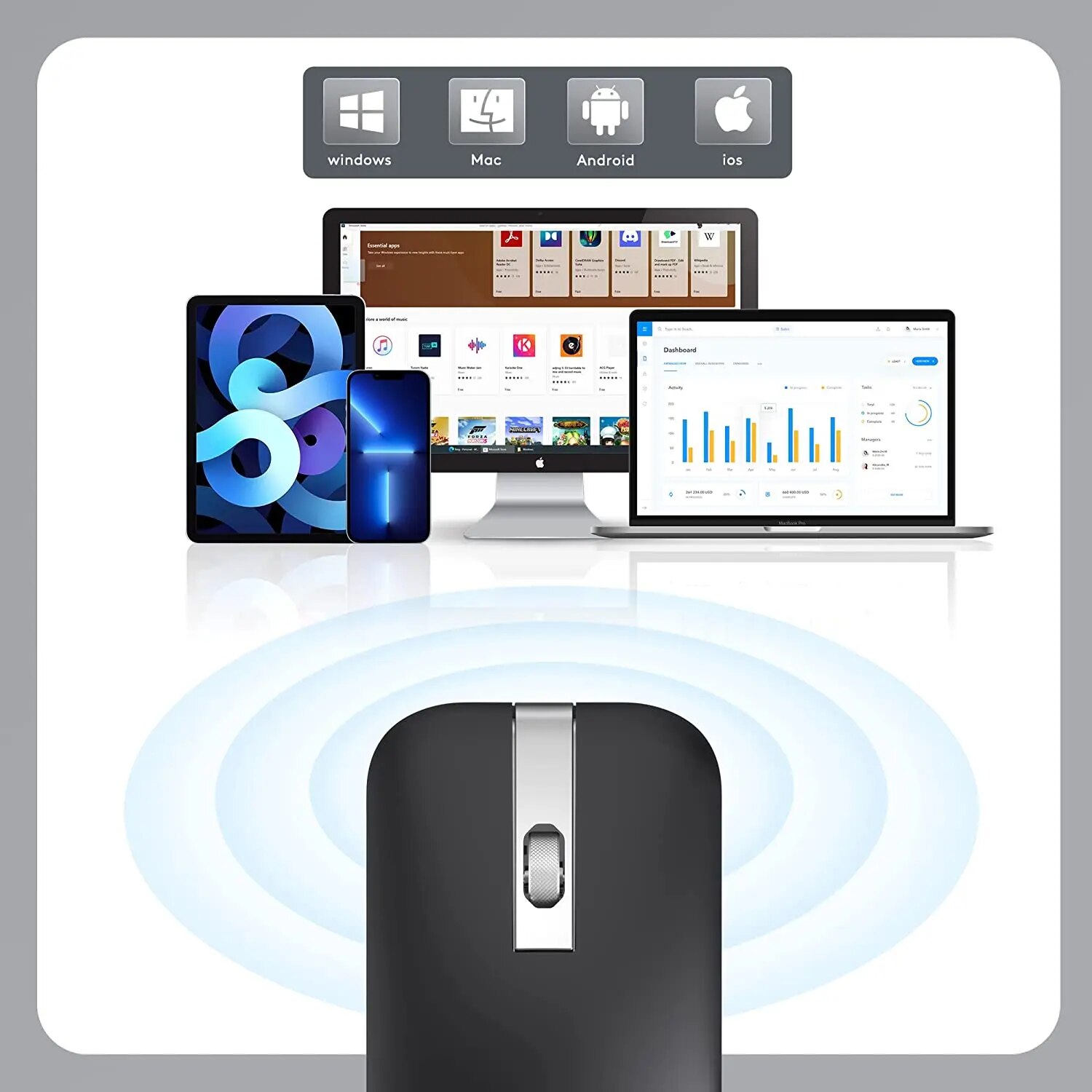 Computer Wireless Arc Mouse Rechargeable Bluetooth Silent for Travel Cordless Laptop Folding Ultra Slim Mac Tablet Macbook. 